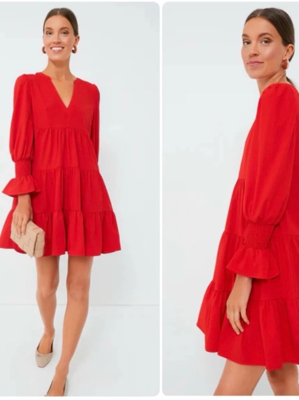 Tuckernuck Pomander Place Red Tiered Smocked Cuff V-Neck Dress